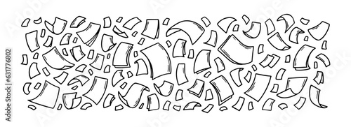 Flying paper sheets in doodle style. Hand drawn blank document pages. Falling files of documents. Office business vector illustration