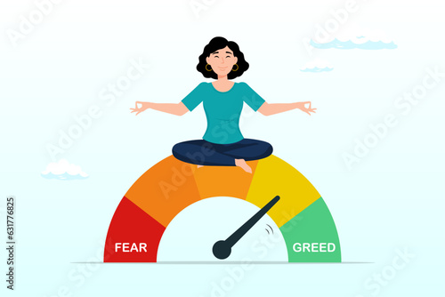 Businesswoman investor meditating on market sentiment gauge, market sentiment, fear and greed index, emotional on stock market or crypto currency trading indicator, investment risk psychology (Vector)