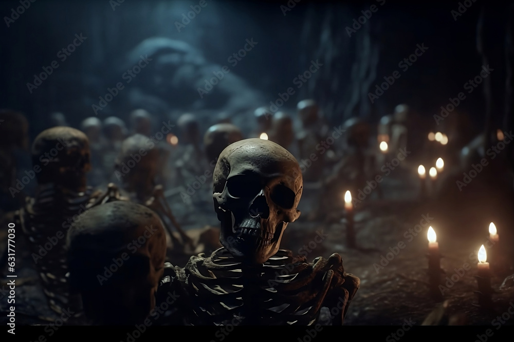 Skeleton in the cemetery at night. Generative AI. - obrazy, fototapety, plakaty 