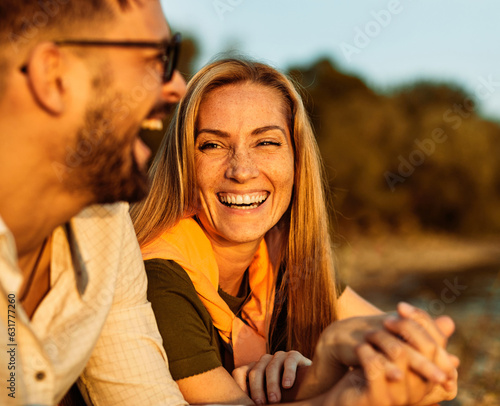 Billede på lærred woman outdoor man couple outside happy  young romance together love summer happi