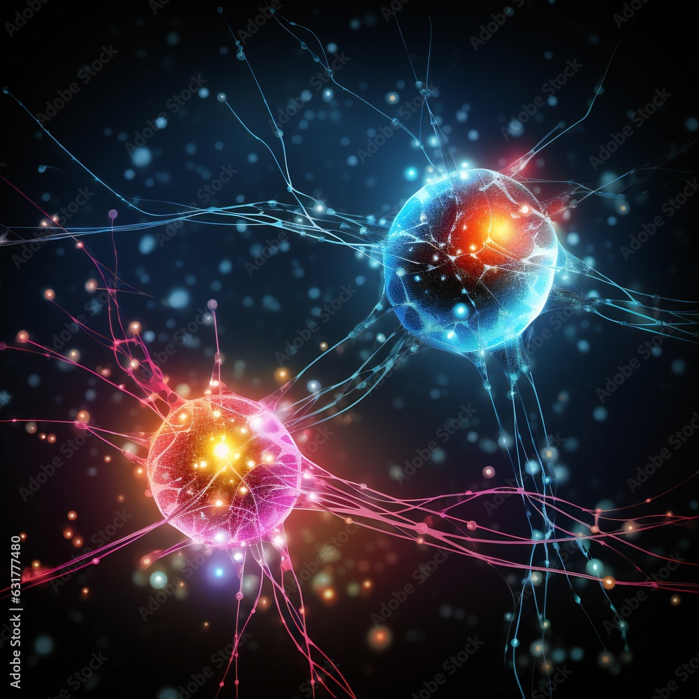Neuronal network with electrical activity of neuron cells. Neuroscience, neurology, nervous system and impulse, brain activity, microbiology concepts