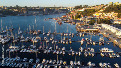 Aerial view over Afurada, with the Arrábida bridge in the background. Vila Nova de Gaia/Porto, Portugal, 2023.