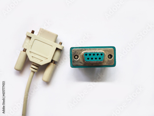 Nine pins female serial port connector.  DE-9 connector Selected focus. photo