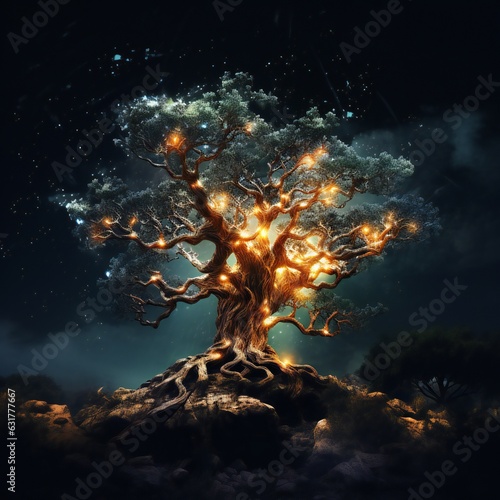 Tree Illuminated Under the Night Stars