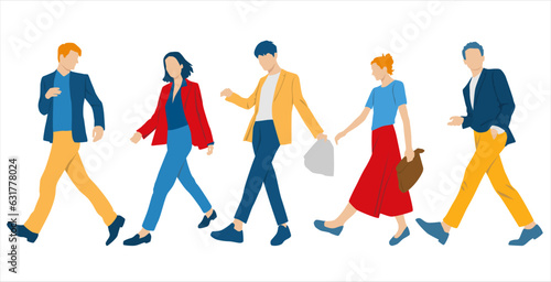  Set of young men and women, different colors, cartoon character, group of silhouettes of walking business people, profile, students, the design concept of flat icon, isolated on white background