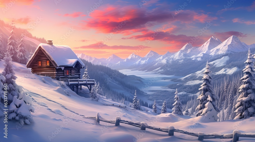 Fantastic winter landscape with wooden house in snowy mountains Generative AI