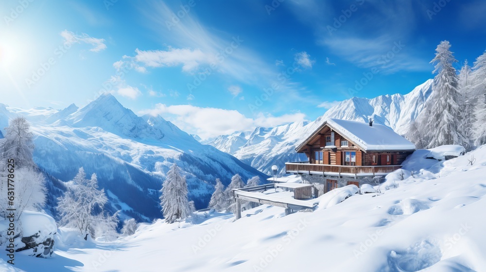 winter ski chalet and cabin in snow mountain landscape in tyrol Generative AI
