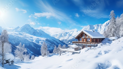 winter ski chalet and cabin in snow mountain landscape in tyrol Generative AI © Suleyman