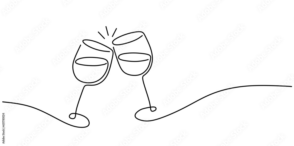 Continuous one line drawing of two glasses of red wine. Minimalist linear concept of celebrate and cheering. Editable stroke Vector illustration Continuous one line drawing of two glasses of red wine. Minimalist linear concept of celebrate and cheering. Editable stroke Vector illustration