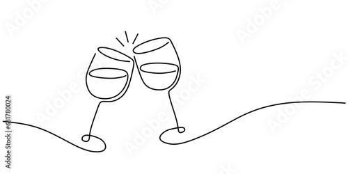 Continuous one line drawing of two glasses of red wine. Minimalist linear concept of celebrate and cheering. Editable stroke Vector illustration