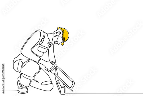 Single continuous line drawing of young construction worker. Building architecture business concept. One line draw design vector	
