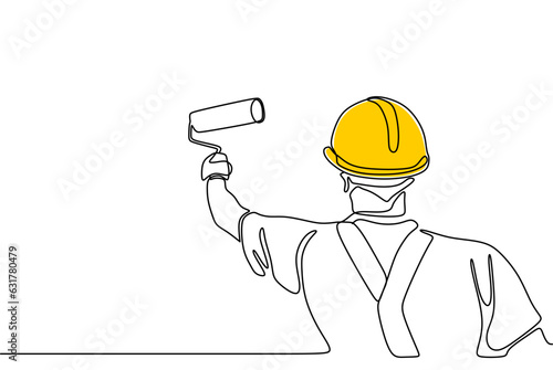 Continuous one line drawing of young construction man painting the wall using roller stick. Painter wall renovation service concept. Vector home renovation theme isolated on white background