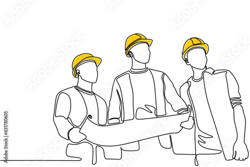 Single continuous line drawing of young construction manager giving instruction to builder coordinator at site meeting. Building architecture business concept. One line draw design vector