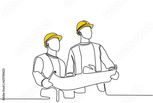 Single continuous line drawing of young construction manager giving instruction to builder coordinator at site meeting. Building architecture business concept. One line draw design vector