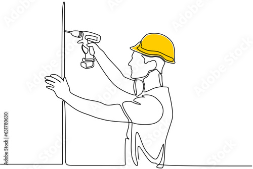 Single continuous line drawing of young construction worker. Building architecture business concept. One line draw design vector	
