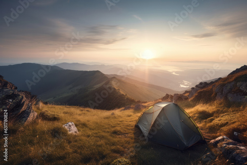 Immerse yourself in nature with a sustainable camping experience. Enjoy the breathtaking beauty of a tent pitched against a mountainous backdrop during a stunning sunset. AI Generative.
