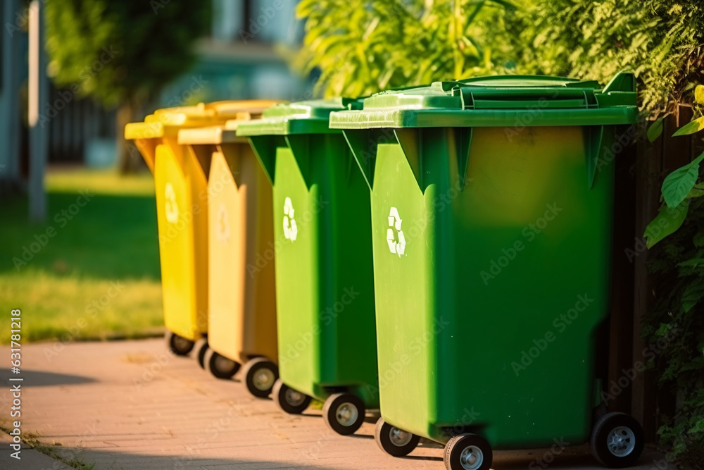 Recycling bins. Colorful trash cans in a row in the city. Recycling concept. Recycling bins. Colorful trash cans in a row in the city. Recycling concept.