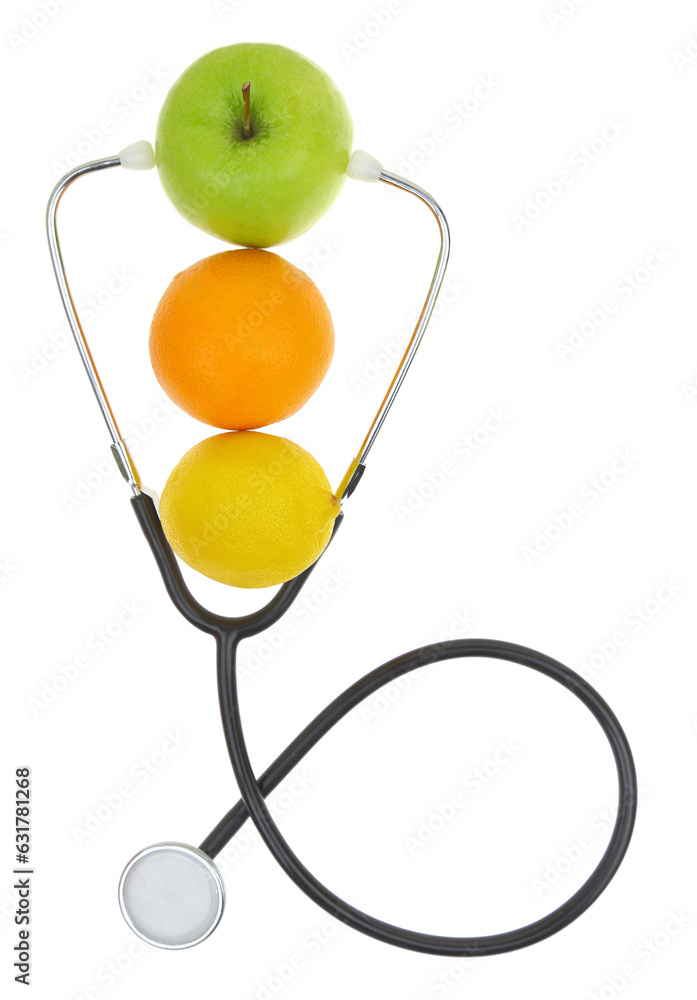 Fresh fruits and medical stethoscope isolated on white transparent background, PNG Fresh fruits and medical stethoscope isolated on white transparent background, PNG