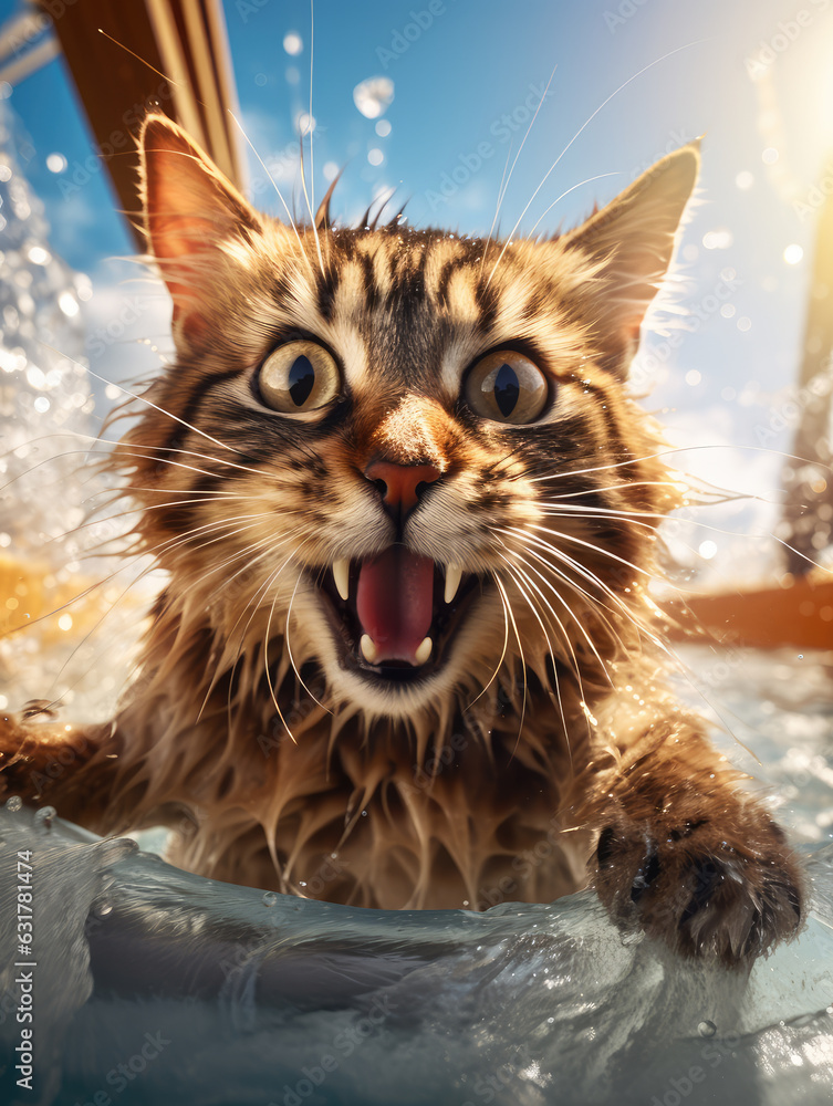 red cat rushing through on the slider in water park, selfie, ai generated.
