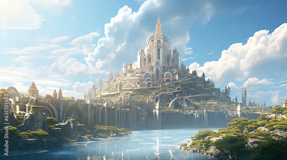 Landscape with castle. AI generated art illustration.