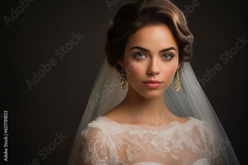 a portrait of a bride before her wedding on studio background, dark light photography