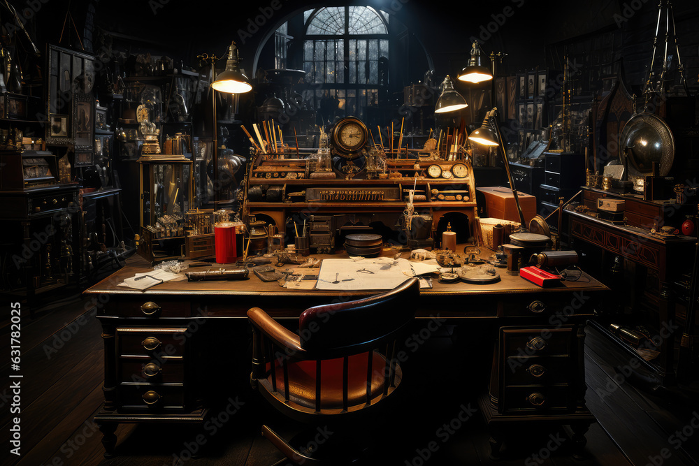 large office of speakeasy 1920s, desk, paperwork, open safe, ai generated.