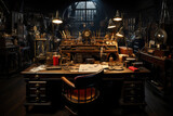 large office of speakeasy 1920s, desk, paperwork, open safe, ai generated.