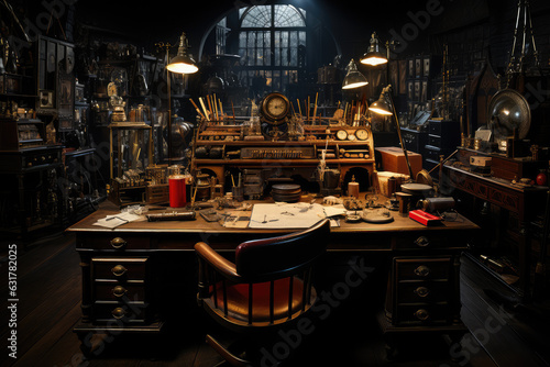 large office of speakeasy 1920s  desk  paperwork  open safe  ai generated.