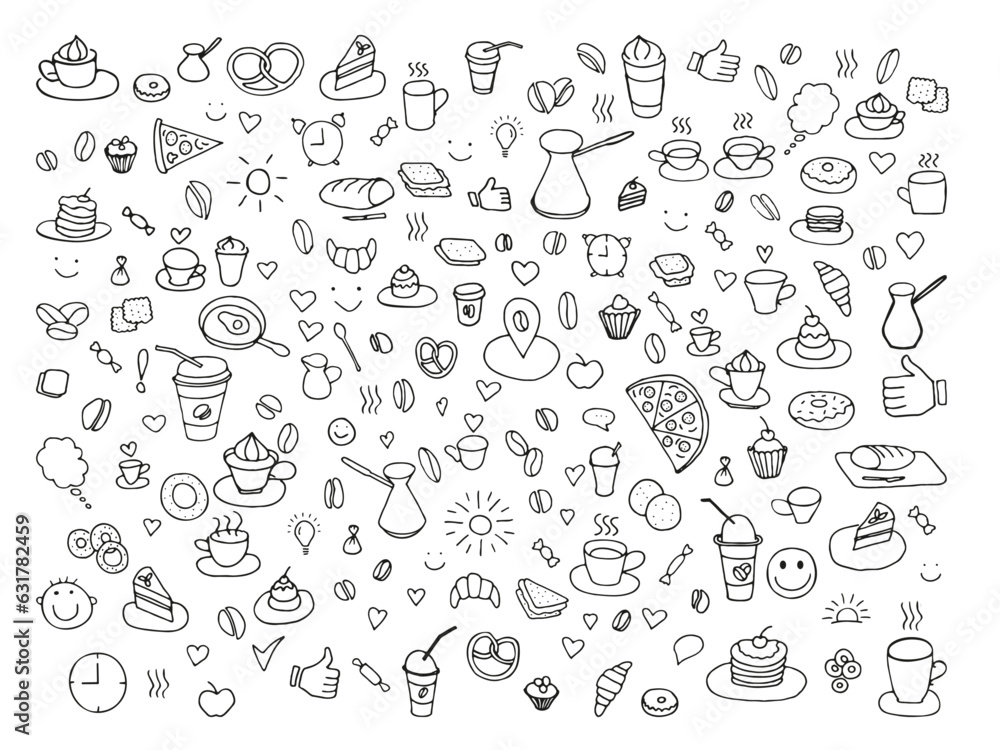 Doodle set of coffee drawings, handmade sketches. Food and Drink, fast food doodles vector set. Doodle set of coffee drawings, handmade sketches. Food and Drink, fast food doodles vector set.