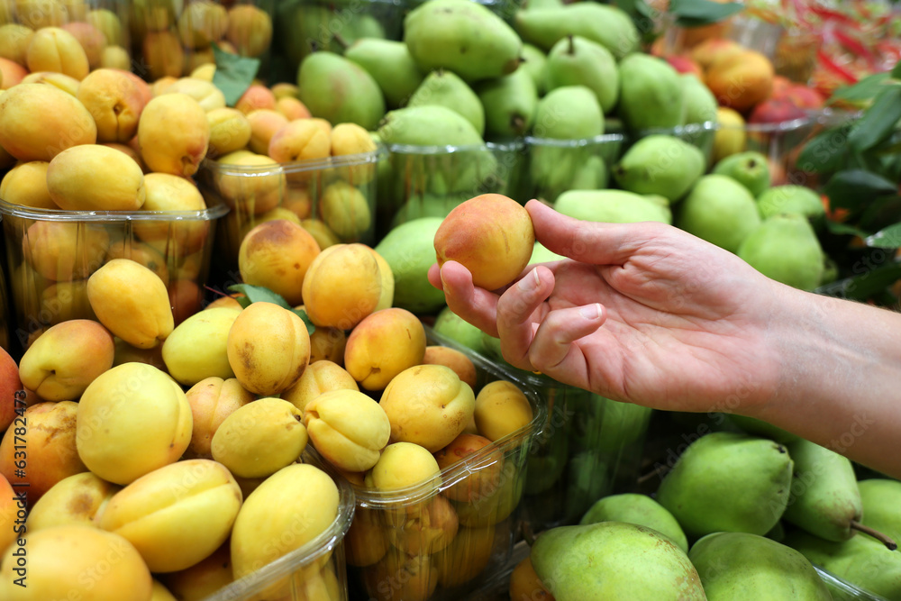 close up of organic and fresh apricot fruits selected by customer in the supermarket