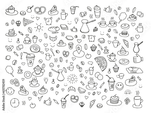 Doodle set of coffee drawings, handmade sketches. Food and Drink, fast food doodles vector set.