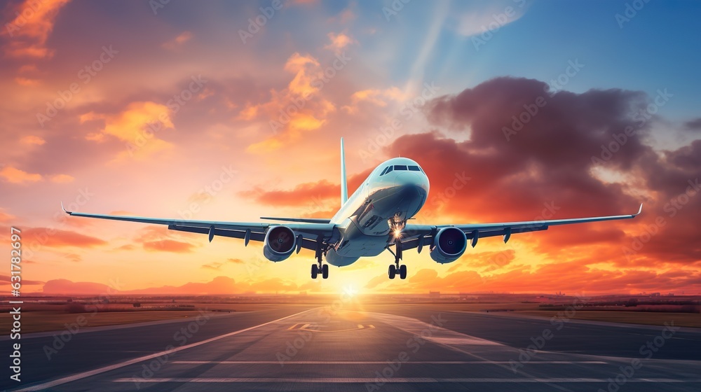 Passenger commercial airplane flying above clouds during sunset