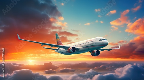 Passenger commercial airplane flying above clouds during sunset