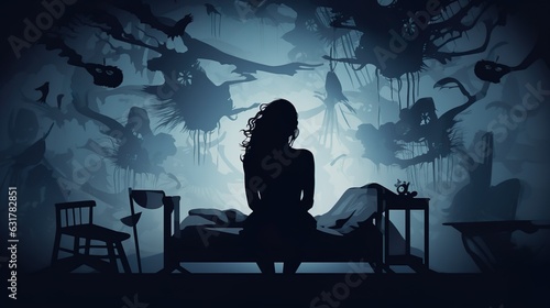 Insomnia. Sleep deprivation. Sleeplessness from stress. Exhaustion, fatigue. Depression. Mental disorder. Silhouette symbol. Vector isolated illustration