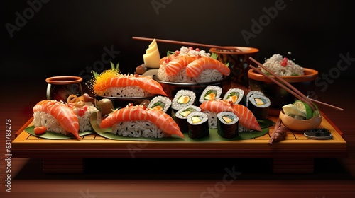 Overhead japanese sushi food. Maki ands rolls with tuna, salmon, shrimp, crab and avocado. Top view of assorted sushi
