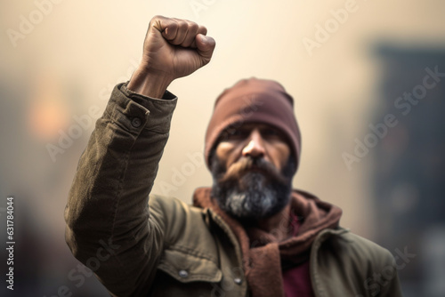 An unrecognizable man clenched his fist in protest, The concept of revolution and protest, the struggle for equal rights