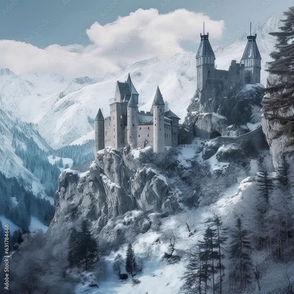 Mountains Alps, massive slopes, snow-capped peaks, ancient castle, high ...