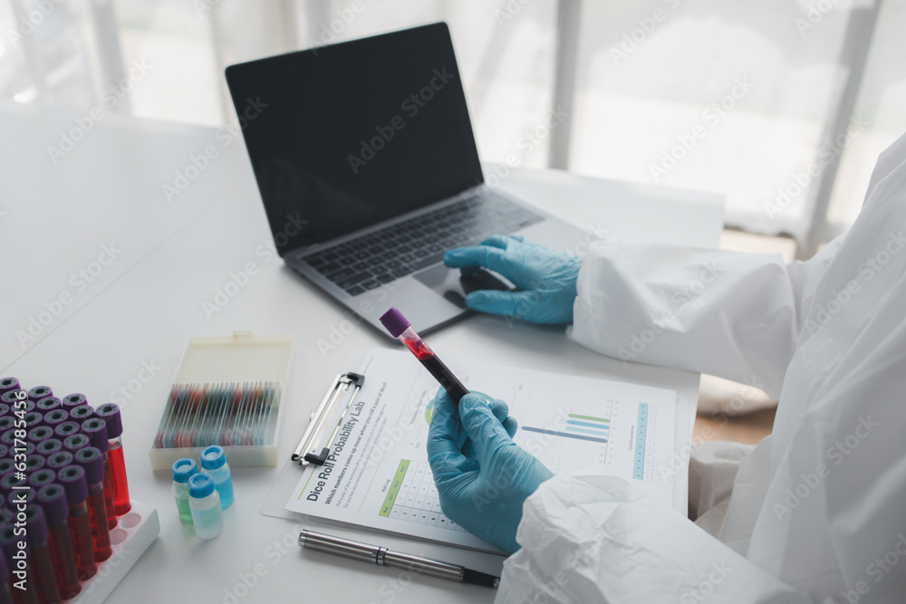 Fototapeta premium The laboratory is used for scientific research to test and research therapeutic vaccines, lab assistants collect blood samples from patients and perform chemical reactions. Laboratory concept.