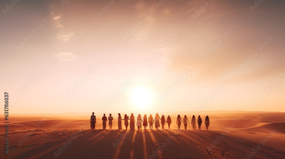 Tourists group of people standing in desert caravan into the desert sunset