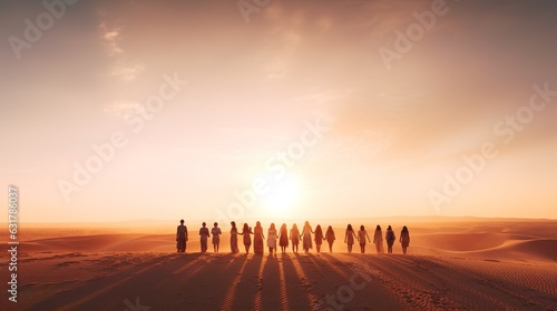 Tourists group of people standing in desert caravan into the desert sunset