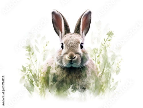 Portrait illustration of a bunny surrounded by lightly pastel colored plants on white background.