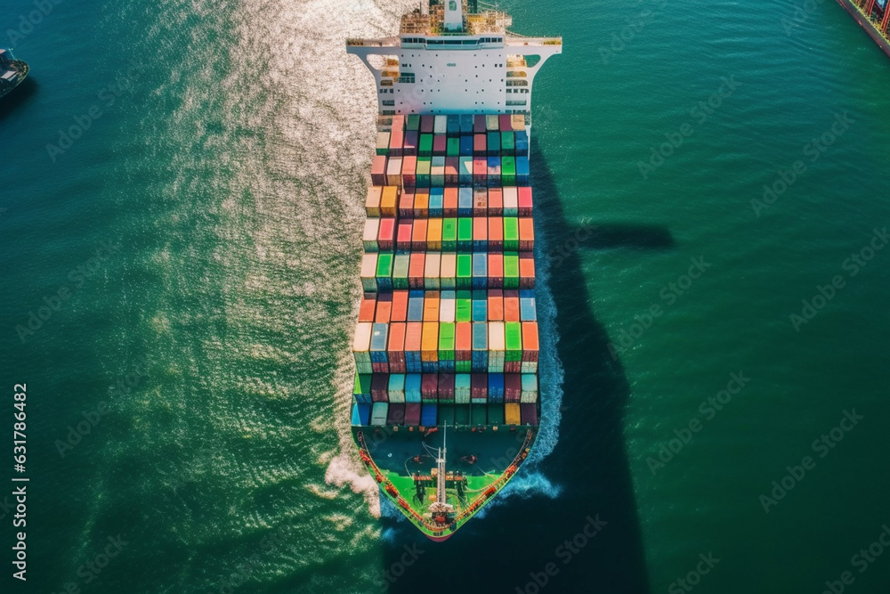 aerial view of a huge container ship at sea