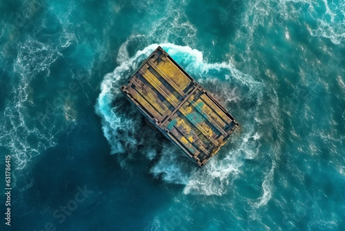 Above view on lost commercial ship container in sea