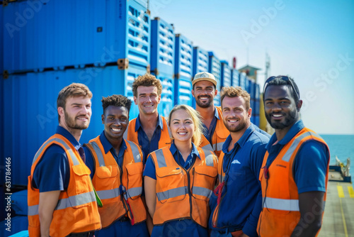 Commercial ship crew include female standing and together