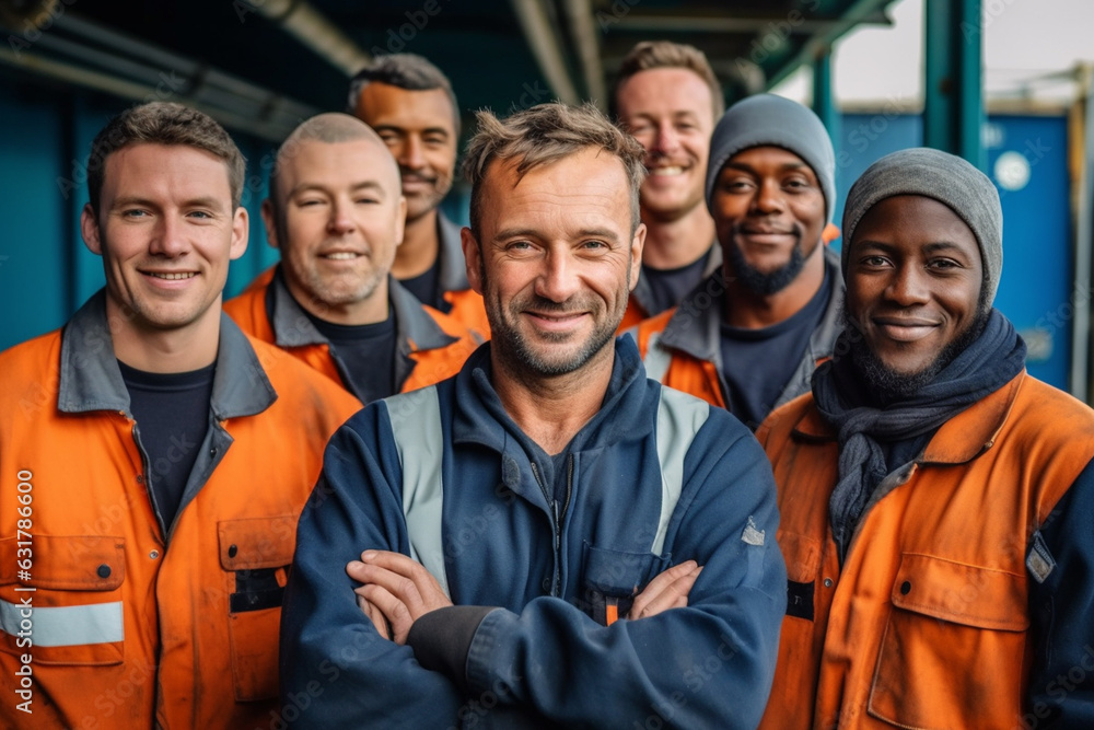 Commercial ship crew standing and together Commercial ship crew standing and together