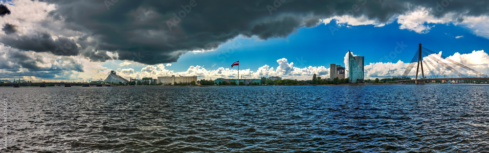 Panoramic image depicting new districts and buildings of Riga on the left bank of Daugava river - the capital city of Latvia