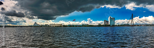 Panoramic image depicting new districts and buildings of Riga on the left ban...