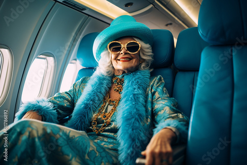 Fröhliche Seniorin genießt ihr Leben - in einem erste Klasse Flug photo