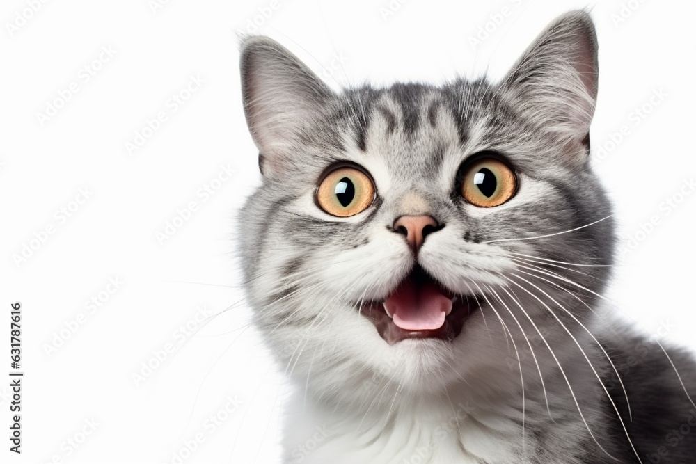 Fototapeta premium Happy cat portrait, Pet products, Pet care magazines, white background