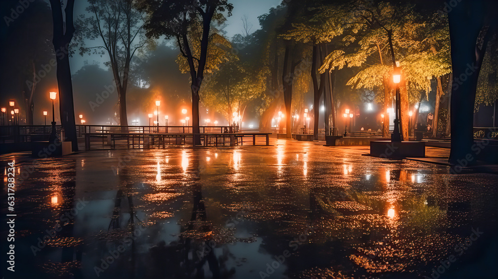 Night park after rain, illuminated by lanterns. Generative AI technology.